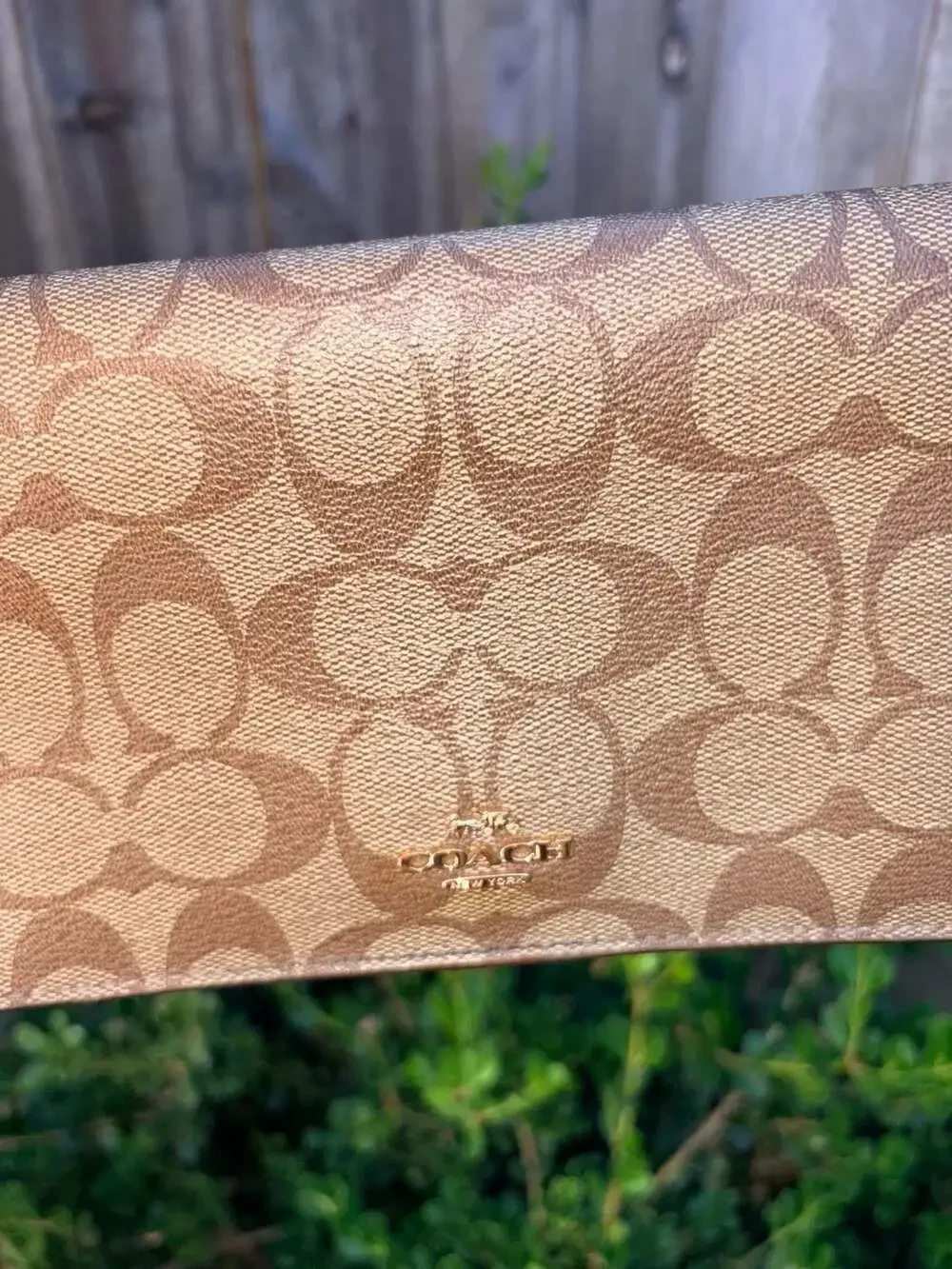Coach Anna Foldover Clutch Crossbody Bag in Signature Canvas Khaki and Pink